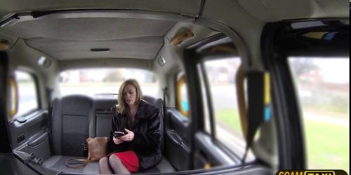 Blonde lady makes love inside the taxi with the fake taxi driver