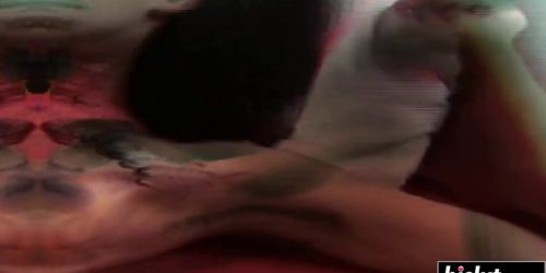 Hottie in fishnets gets strapon fucked