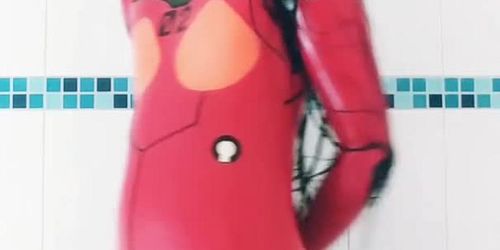 Cosplay Asuka latex catsuit zipless under shower + bondage bonus