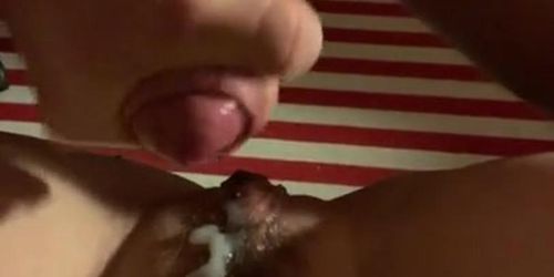 Our first homemade private video - amateur jerk cumshot to bushy pussy (long orgasm)