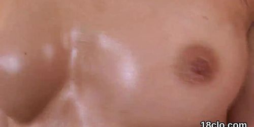 Lovely chick is stretching yummy slit in close up and getting off
