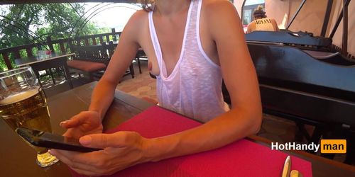 Eating burger and flashing in the cafe Transparent T-shirt No Bra (teaser) v2