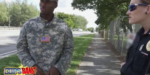 USA soldier in uniform slamming hard two busty police officers with big tits