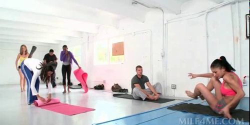Horny fitness trainer giving hot blowjob after yoga classes