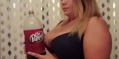 Chubby girl chugging Dr Pepper like a good piggy