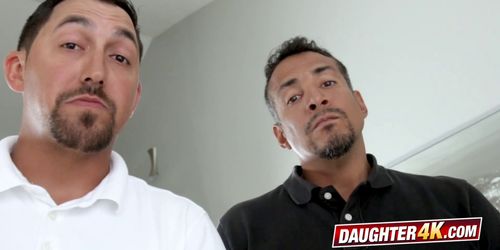 Stepdaughter takes her teen friend over for foursome with stepfathers