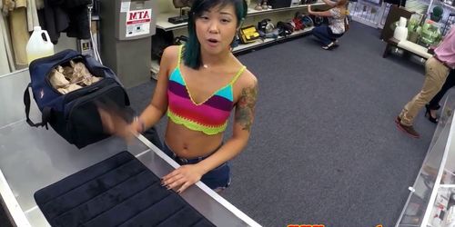 Inked asian pawnee doggystyled after blowjob