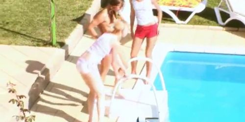 Three chicks secret banging by the pool