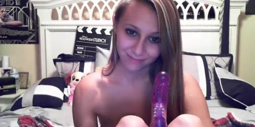 Busty blonde puts a big dildo in her pussy - video 1