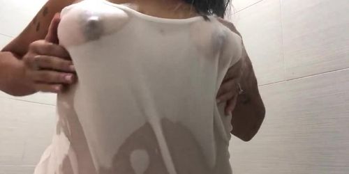 Horny Wife Showing Wet Tshirt in the Shower