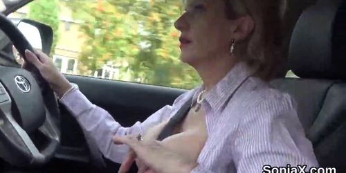 Adulterous uk mature lady sonia flashes her massive knockers