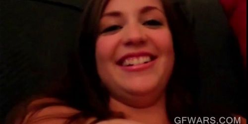 Busty teen flashing shaved cunt in close-up