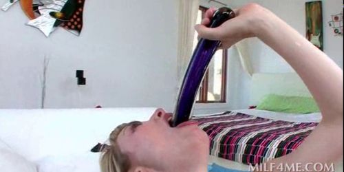 Dirty mom plays with toys and sucks huge dick