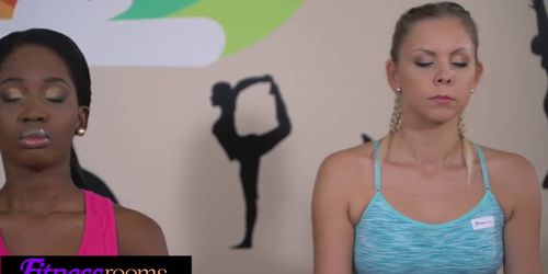 Fitness Rooms Interracial threesome in yoga class with young women in lycra - video 1