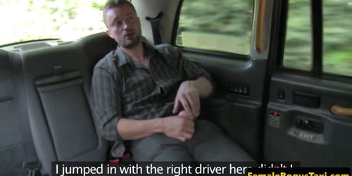 Busty euro taxi driver sucking on backseat