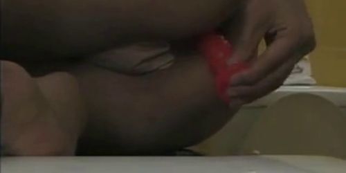 Asian slut at home in bathroom dildo fucking her both holes  - video 1