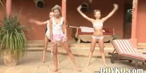 Morning exercises with three naked model
