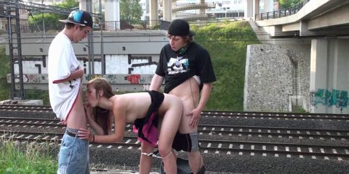 PUBLICBANGING - Extreme PUBLIC teen orgy at a train station (A. Train)