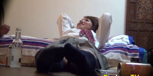 Japanese babe pees on bed