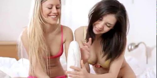 Lesbian girls play with brutal dildo