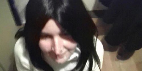 Blackhaired Girl in withe Turtleneck gets a massive Facial