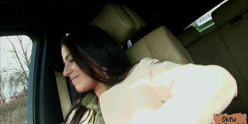 Hot stranded Eveline Dellai fucks a stranger in the car