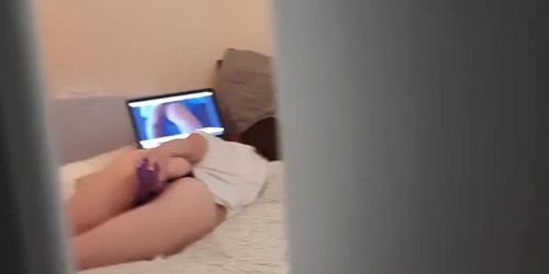 Spying on step sister. Caught her watching porn and playing with her wet pussy.