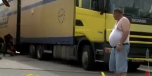 Brunette pussy and mouth fucked in the trucks parking