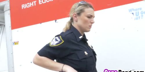 Cock loving female busy police officers caught in a hardcore interracial threesome