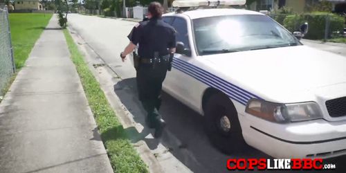Car kicking criminal discusses with horny milf cops during arrest