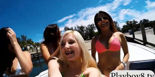 Hot college teens in bikini hot groupsex on speedboat