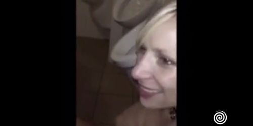 Hot cuckold blonde dogging in toilet swallows strangers cum