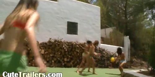 Five naked beauties getting wet outside - video 1