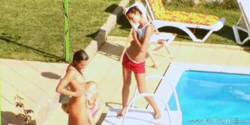 Three teenies secret fucking by the pool