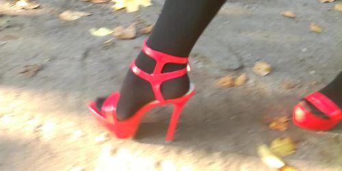 Lady Lwalking red sexy high heels.