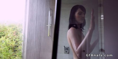 Busty babe anal fucking in bathroom