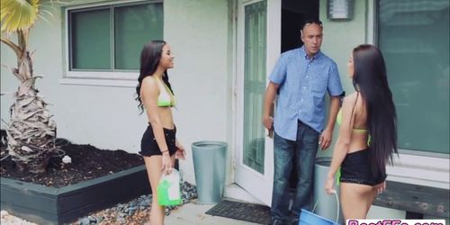 Group of lovely Ladies wash a car and a Dick in the garage