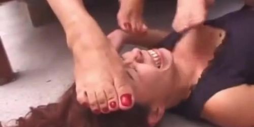 Two Brazilian mature mistresses make young sub lick dirty feet clean 