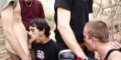 GAY CUM PIG - Group public sex with men that enjoy slobbering over cocks