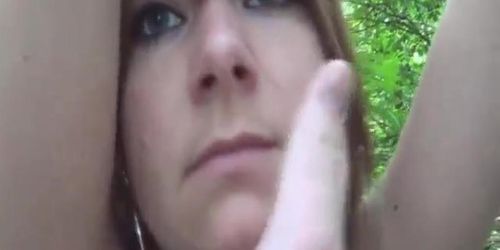 Roughly fisting her ruined teen pussy in a forest