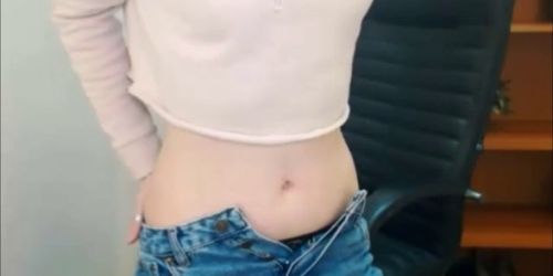 Sweet teen in black pants teasing on webcam