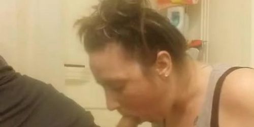 Milf sucking cock in the bathroom while little ones are away.