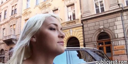Czech girl flashes her tits and rammed in public  for money