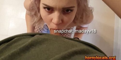 Fucking and creaming the pussy of this teen wearing fishnet lingerie