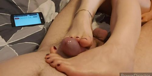 6mis footjob and balls on leash end up cumming on feet