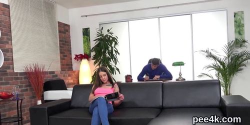 Luscious model gets her tight honey pot full of warm pee and bursts