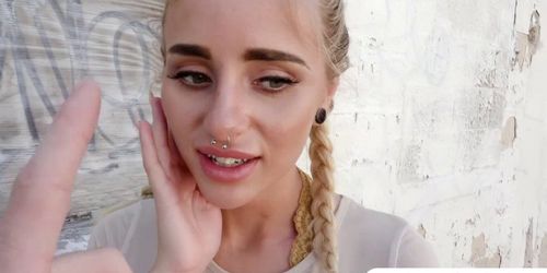 Sweet blonde babe Naomi Woods flashes tits for money