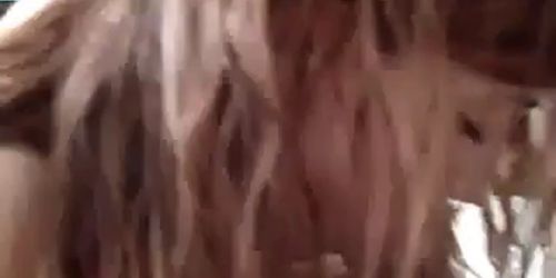 Blonde college girl sucks a guy with fat belly and taste cum