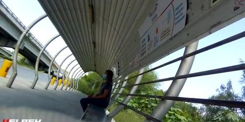 Bus stop jerk off and cum in front of girl
