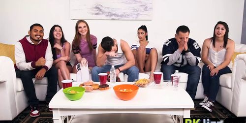 Football fan teens fucked by a friend in a threesome (Vanessa Sky)